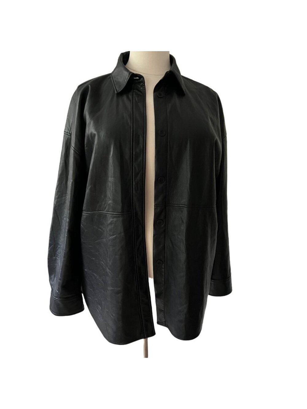 Babaton Size XL Black Pelli Relaxed Vegan Leather Button Up Shirt Jacket Shacket